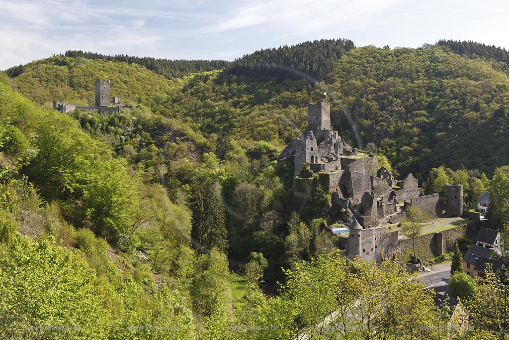 Manderscheid, Blick vom Eifelsteig auf die Ruinen, Burgruine Niederburg vorne rechts und Oberburg hinten links im Bild; Manderscheid, view onto castle ruines Niederburg, right side in front and Oberburg, left side in rear.