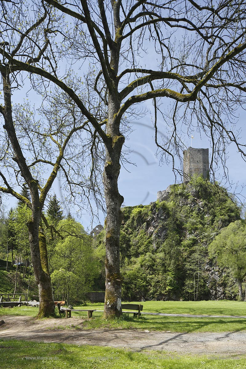 Manderscheid,  Blick zum Bergfried der Burgruine Niederburg. Ostseite; Manderscheid, view onto donjon of castle ruine Niederburg, east side.