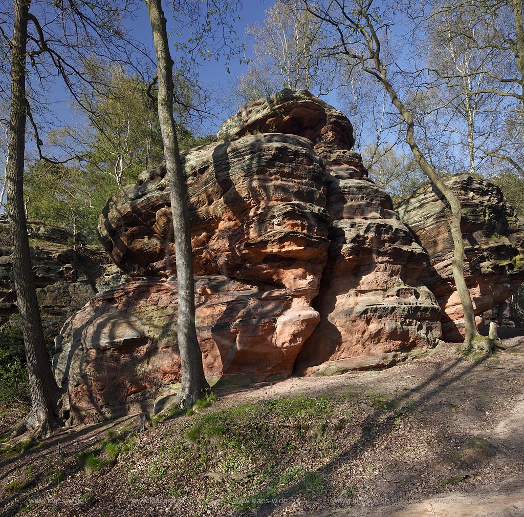 Mechernich die Katzensteine, eine natuerliche Felsformation, Felsen aus Buntsandstein am Rande des Mechernicher Waldes im waremen Licht der tiefstehenden Abendsonne im Fruehling; Euskirchen natural rocks named Katensteine from red sandstone in evening sunlight