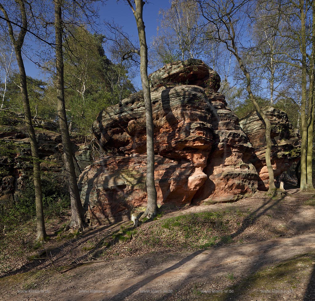 Mechernich die Katzensteine, eine natuerliche Felsformation, Felsen aus Buntsandstein am Rande des Mechernicher Waldes im waremen Licht der tiefstehenden Abendsonne im Fruehling; Euskirchen natural rocks named Katensteine from red sandstone in evening sunlight