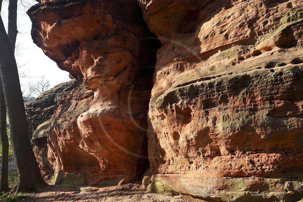 Mechernich die Katzensteine, eine natuerliche Felsformation, Felsen aus Buntsandstein am Rande des Mechernicher Waldes im waremen Licht der tiefstehenden Abendsonne im Fruehling; Euskirchen natural rocks named Katensteine from red sandstone in evening sunlight