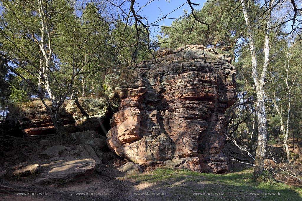 Mechernich die Katzensteine, eine natuerliche Felsformation, Felsen aus Buntsandstein am Rande des Mechernicher Waldes im waremen Licht der tiefstehenden Abendsonne im Fruehling; Euskirchen natural rocks named Katensteine from red sandstone in evening sunlight