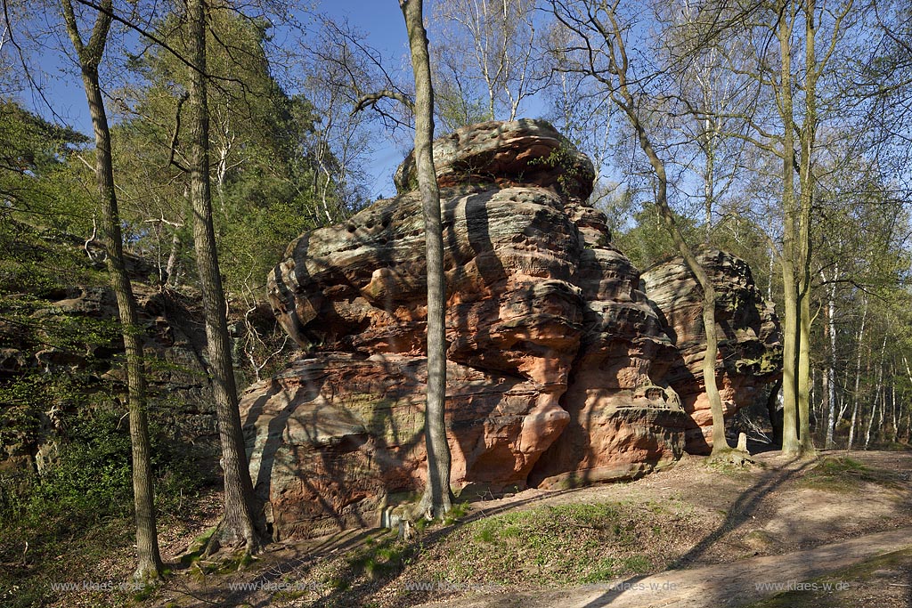 Mechernich die Katzensteine, eine natuerliche Felsformation, Felsen aus Buntsandstein am Rande des Mechernicher Waldes im waremen Licht der tiefstehenden Abendsonne im Fruehling; Euskirchen natural rocks named Katensteine from red sandstone in evening sunlight