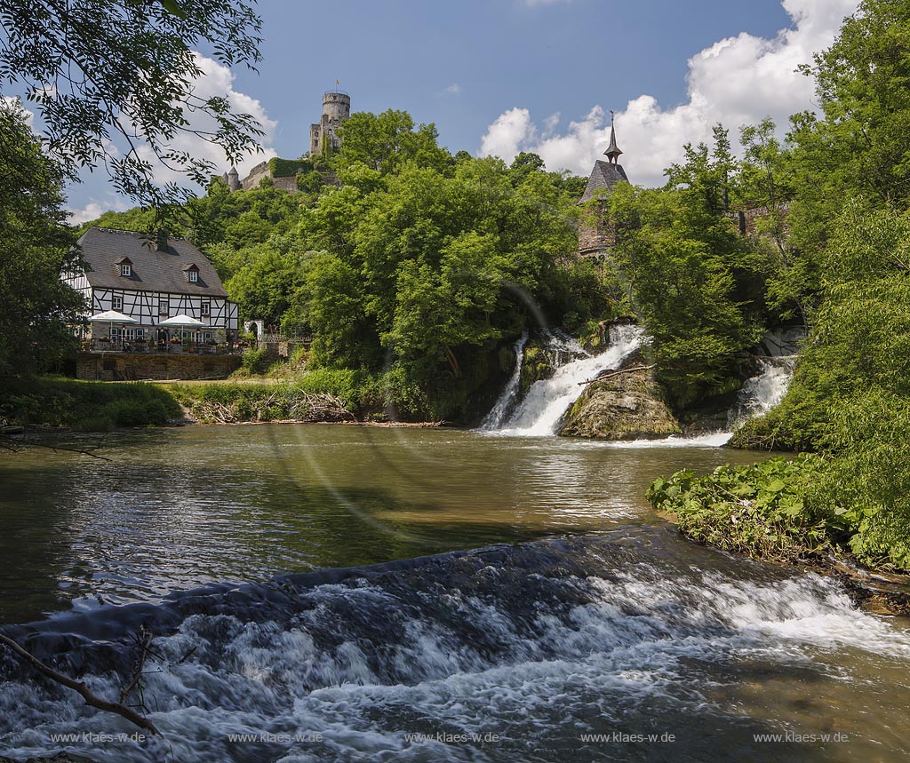 Roes, Elzbachfall mit Burg Pyrmont und Pyrmonter Muehle; Roes, cascade Elzbachfall with castle Burg Pyrmont and mill Pyrmonter Muehle.