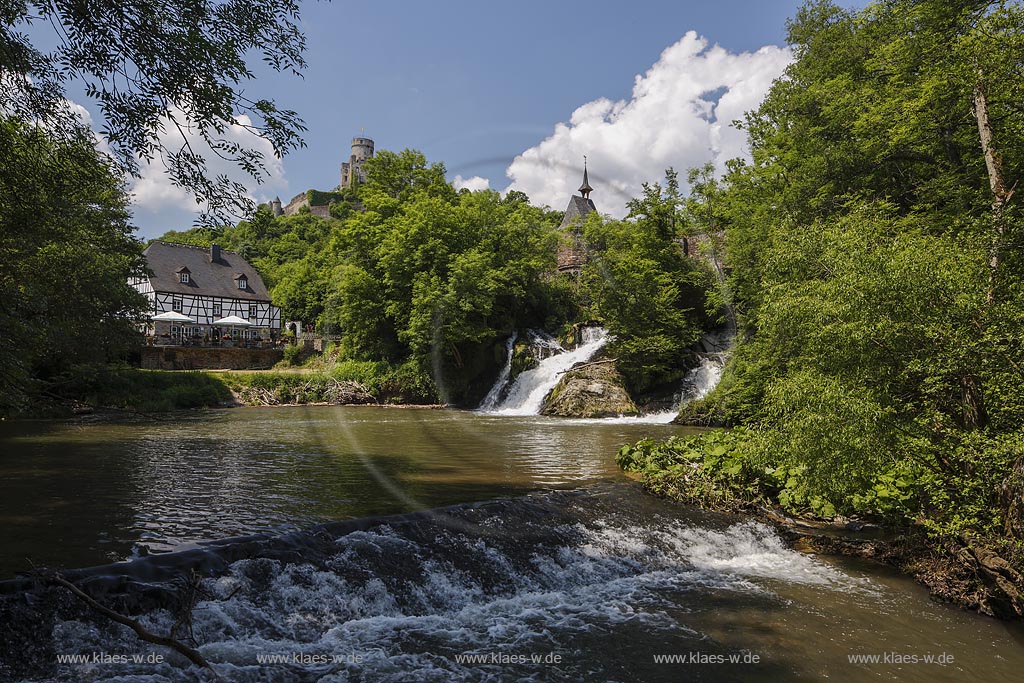 Roes, Elzbachfall mit Burg Pyrmont und Pyrmonter Muehle; Roes, cascade Elzbachfall with castle Burg Pyrmont and mill Pyrmonter Muehle.