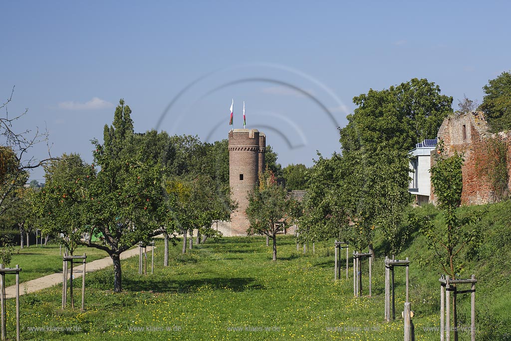 uelpich, Stadttor Weiertor mit Streuobstwiese auf dem Gelaende der Landesgartenschau 2014 in Zuelpich; Zuelpich, town gate with orchard meadow on the area of the Landesgartenschau 2014 in Zuelpich.