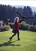 Hellenthal, Eifel, Kreis Euskirchen, Greifvogelwarte, Blick auf Falknerin mit Greifvogel