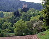 Kordel, Landkreis Trier-Saarburg, Eifel, Blick auf Ruinen der Burg Ramstein und Landschaft