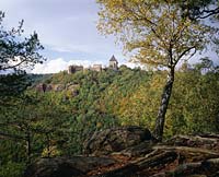 Nideggen, Kreis Düren, Eifel, Blick zur Burg Nideggen, Bergfried, in Herbstlandschaft 