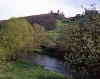 Pelm, Landkreis Vulkaneifel, Eifel,Verbandsgemeinde Gerolstein, Blick zur Burg, Burgruine Kasselburg mit Landschaft und Fluss Kyll