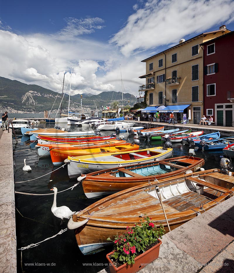 Castelletto Di Brenzone, Blick ueber Hafen mit bunten Fischerbooten auf bunte Haeuser; Castelletto Di Brenzone, view over port with old prettily pointed houses 