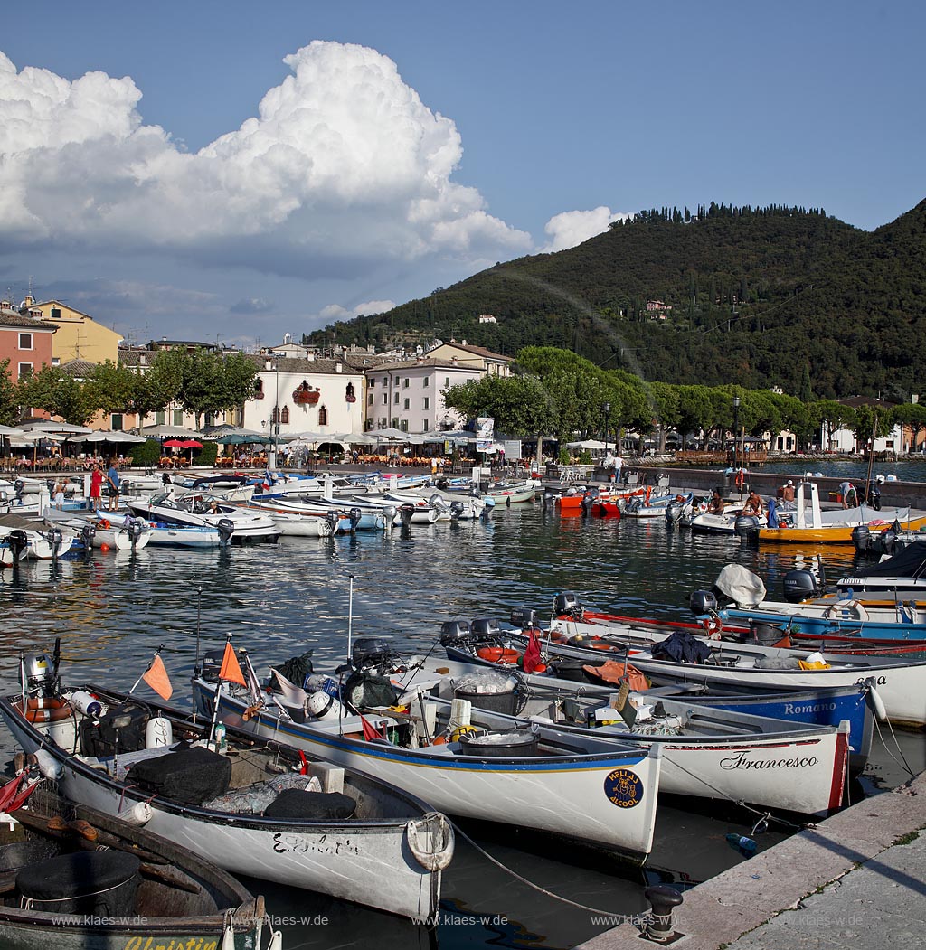 Garda; Blick ueber den Hafen mit Fischerbooten und dem Palazzo dei Capitani; Garda view over the port with fishing boats to the Palazzo dei Capitani; Garda il porticciolo, allietato da barche, con il Palazzo dei Capitani