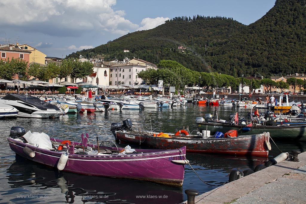 Garda; Blick ueber den Hafen mit bunten Fischerbooten und dem Palazzo dei Capitani; Garda view over the port with colourful fishing boats to the Palazzo dei Capitani; Garda il porticciolo, allietato da barche, con il Palazzo dei Capitani