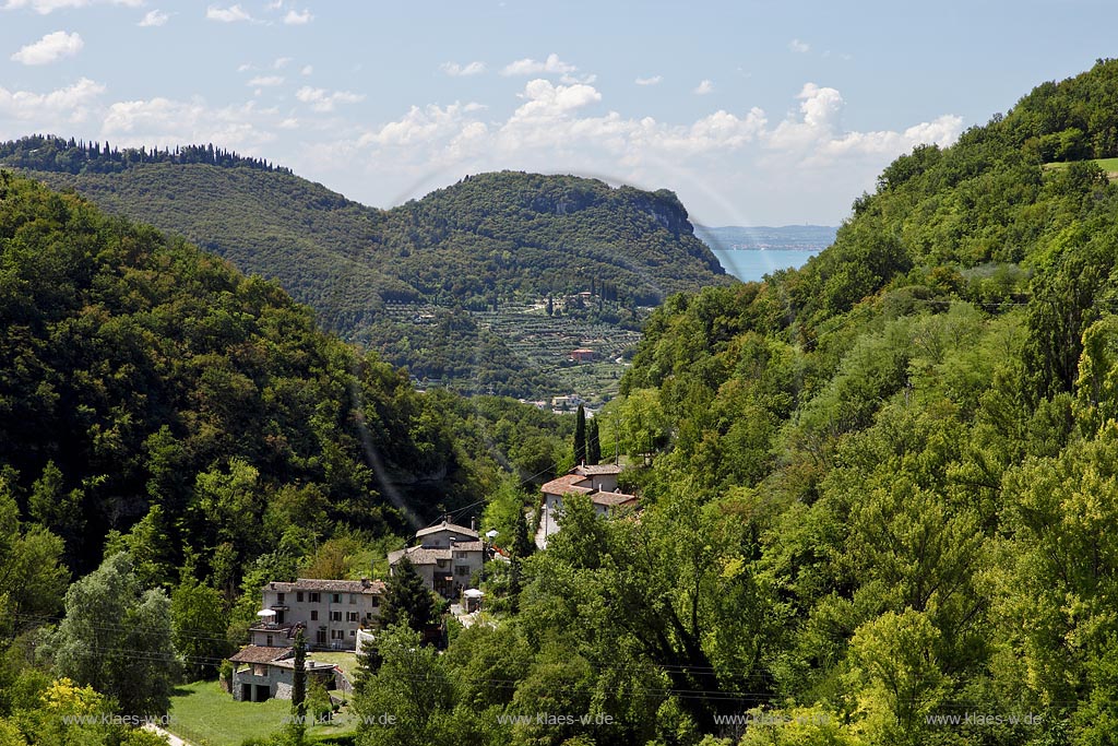 Garda Blick ueber das Tal der Muehlen in Sommerlandschaft mit dem Rocca di Garda und dem Gardasee im Hintergrund , Bildmitte; Garda view over valley of mills, landscape with mountain Rocca di Garda and Lake Garde in the middle of the background; Garda Val dei Mulini, Rocca di garda, Lago di garda