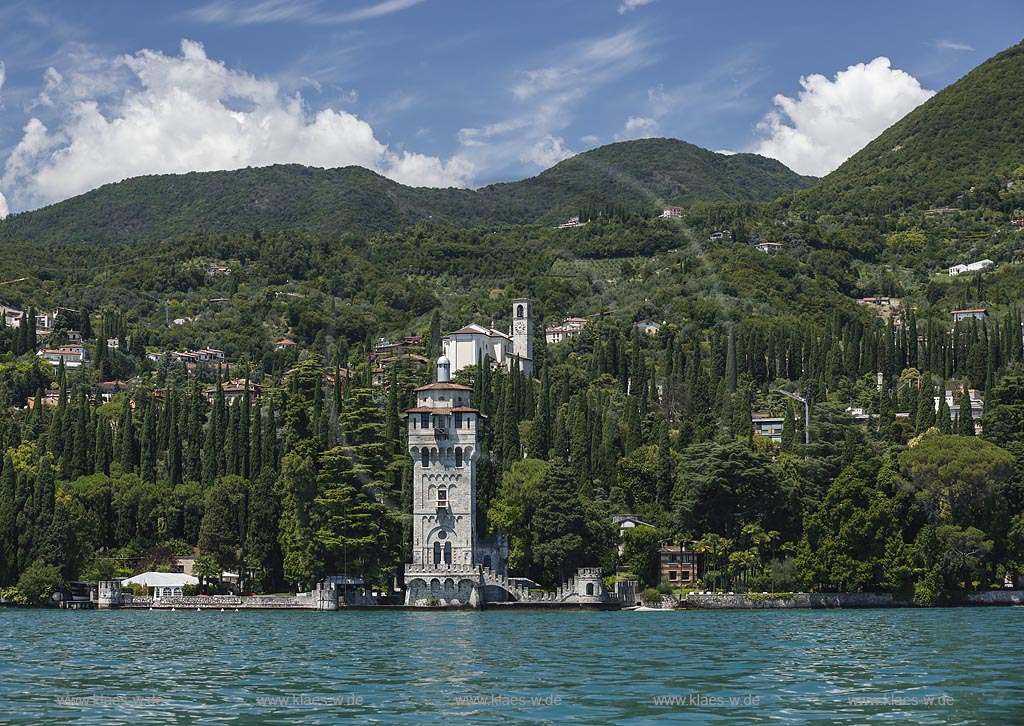 Gardone Riviera, Seeseite; Gardone Riviera, sea side. Gardone Riviera, Seeseite mit "la Torre di San Marco"; Gardone Riviera, sea side with "la Torre di San Marco".