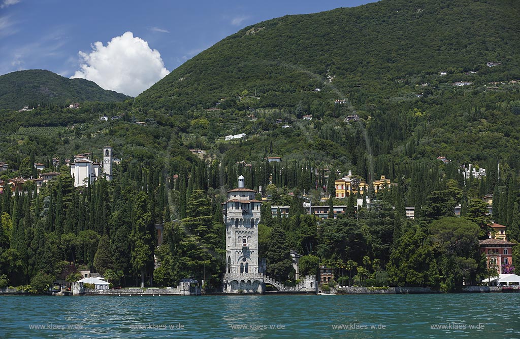 Gardone Riviera, Seeseite; Gardone Riviera, sea side. Gardone Riviera, Seeseite mit "la Torre di San Marco"; Gardone Riviera, sea side with "la Torre di San Marco".