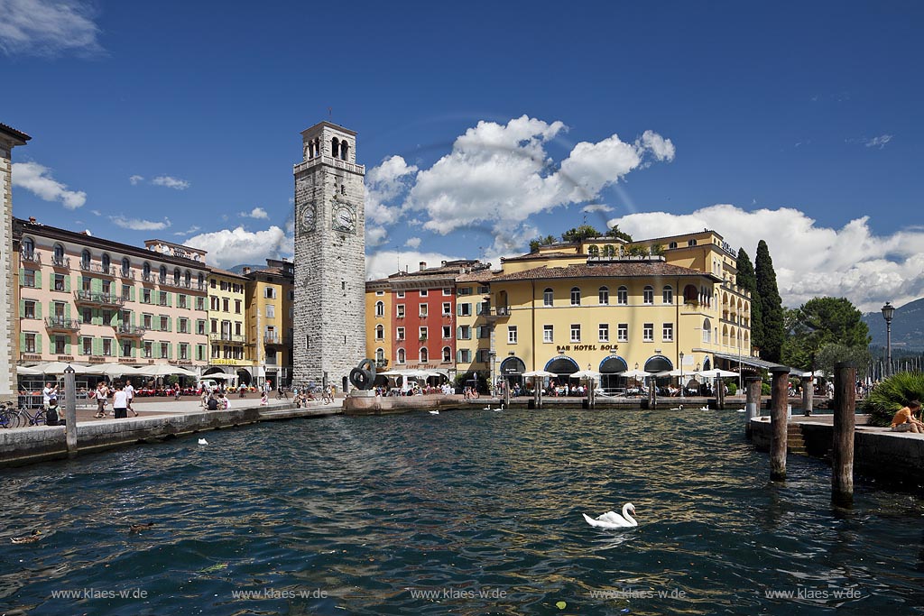 Riva del Garda, Blick ueber den alten Hafen mit Schwaenen zum Piazza 3 Novembre, Platz des 3. November,  mit dem Torre Apponale, einem Uhrenturm aus dem 13. Jahrhundert; Riva del Garda, view over the old port with mute swan to  Piazza 3 Novembre with its 13th century partico is dominated by Torre Apponale