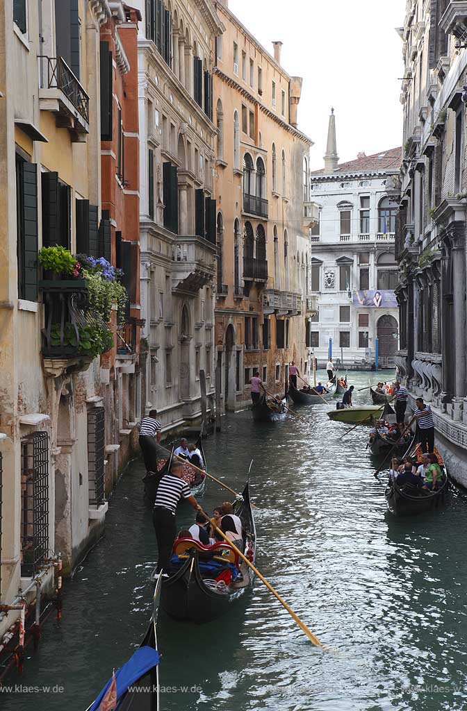 Venedig Blick auf den Kanal Rio di San Salvador in Richtung Kanal Grande mit vielen Gondeln, Gondolierie und Personen in Gondeln sitzen; Vence, view over Canal Rio di San Salvador  in direction of the Canal Grande with several gondola with gondoliers and clients sitting in the gondola