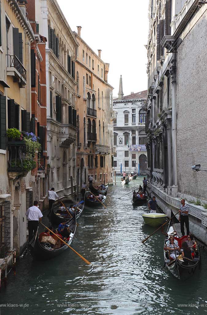 Venedig Blick auf den Kanal Rio di San Salvador in Richtung Kanal Grande mit vielen Gondeln, Gondolierie und Personen in Gondeln sitzen; Vence, view over Canal Rio di San Salvador  in direction of the Canal Grande with several gondola with gondoliers and clients sitting in the gondola