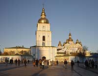 . The St. Michael monastery, also spelled St. Michail's, mainly painted azure with a few golden domes on top of it.