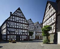 Bad Laasphe, Kreis Siegen Wittgenstein, Siegerland, Blick auf Fachwerkwinkel, Fachwerkhäuser, Fachwerkhaeuser