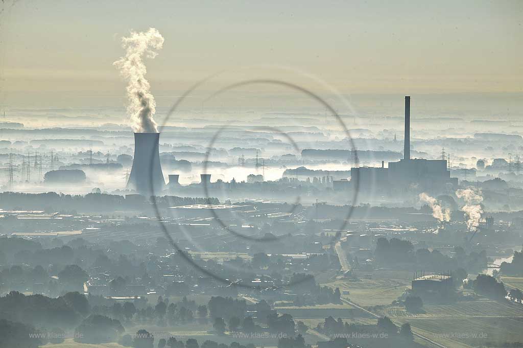 DEU, Deutschland, Ruhrgebiet, Hamm, Osten, Uentrop Lippe-Auen im spaetsommerlichen Morgennebel, Kraftwerk | DEU, Germany, aerial photography, ruhr district: Hamm, meadows of the river Lippe at early morning mist, late summer, power station 
