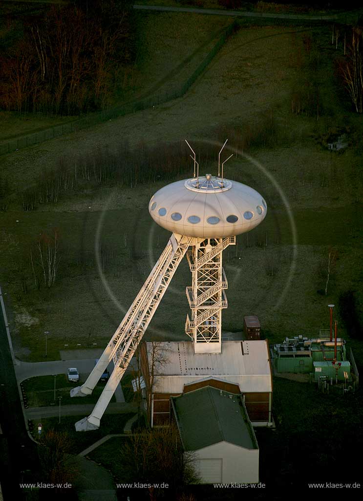 DEU, Deutschland, Ruhrgebiet, Luftbildfotografie: Luenen, ehem. Zechenturm Minister Achenbach Luenen-Brambauer, heute Luentec mit Colani-Ei als Bueroarchitektur | DEU, Germany, Ruhr area, aerial photography: Luenen, former coal mine area, today commercial district with office architecture of Luigi Colani on the former winding tower.