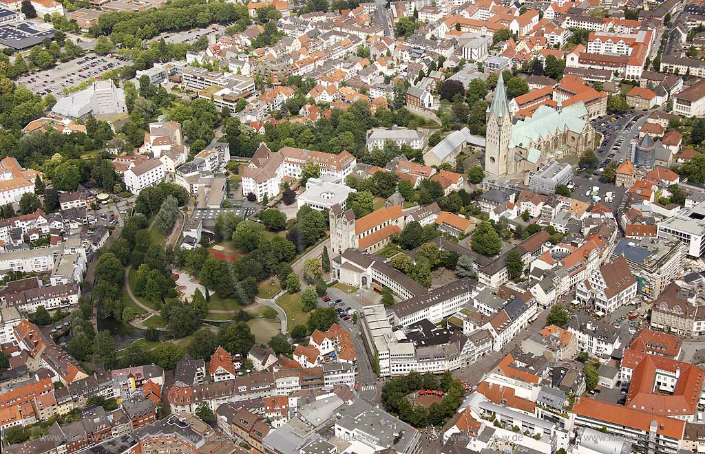 Paderborn, Luftbild, Gesamtuebersicht Paderborner Dom, Stadtpark mit Paderquelle; Paderborn, aerial photo, general view dome Paderborner Dom, city park with fount Paderquelle.