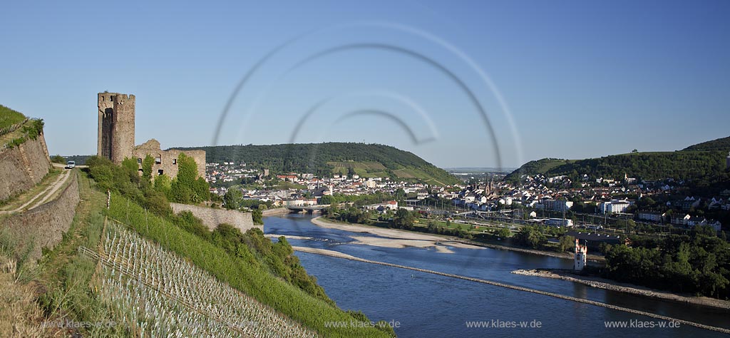 Ruedesheim und Bingen, Panoramablick mit Ruine Ehrenfels zu Ruedeshemi  nach Bingen mit Burg Klopp, St. Martin Kirche, Nahemuendung, Maeuseturm; Ruedesheim and Bingen, panorama view with ruin Ehrenfels from Ruedesheim to Bingen with castle Klopp, church of St. Martin, Nahemuendung and Maeuseturm.