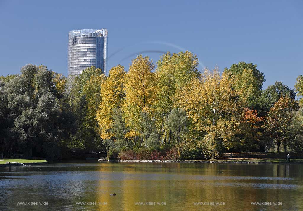 Bonn Rheinauenpark mit Baumspiegelung im Auensee mit Post Tower im Herbst; Bonn Rheinauepark with mirroring of trees in the Auensea with Post tower in autumn