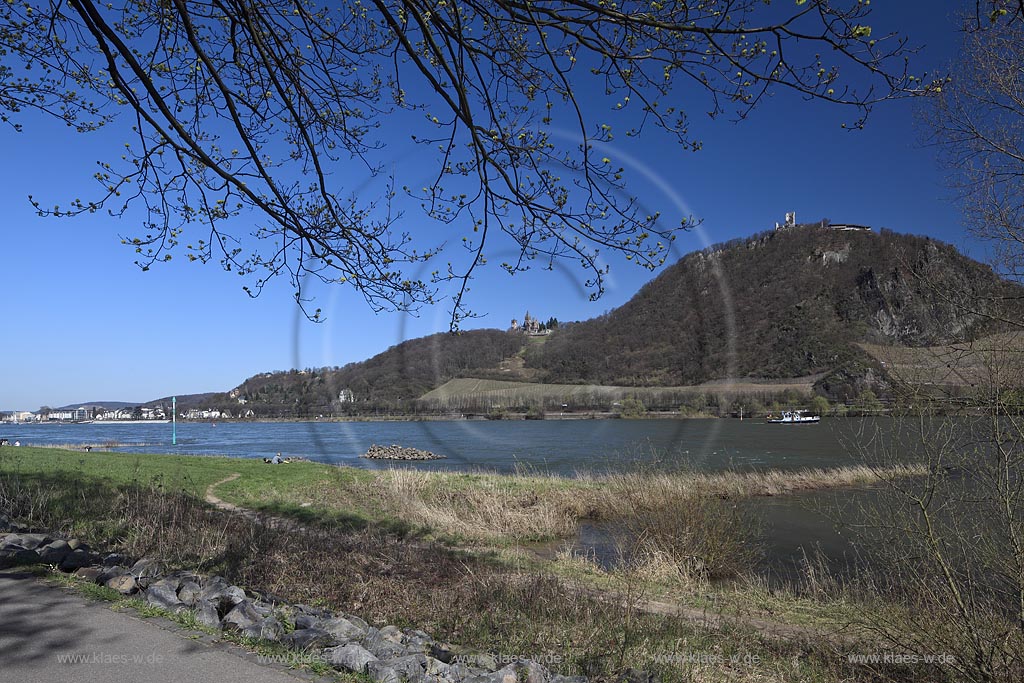 Koenigsinter, Blick von Bonn ueber den Rhein mit Rheinufer auf Koenigswinter mit der Drachenburg und dem Drachenfels im Fruehling; View from Bonn side over rhine river to Koenigswinter with castle Drachenburg and ruin Drachenfels in springtime