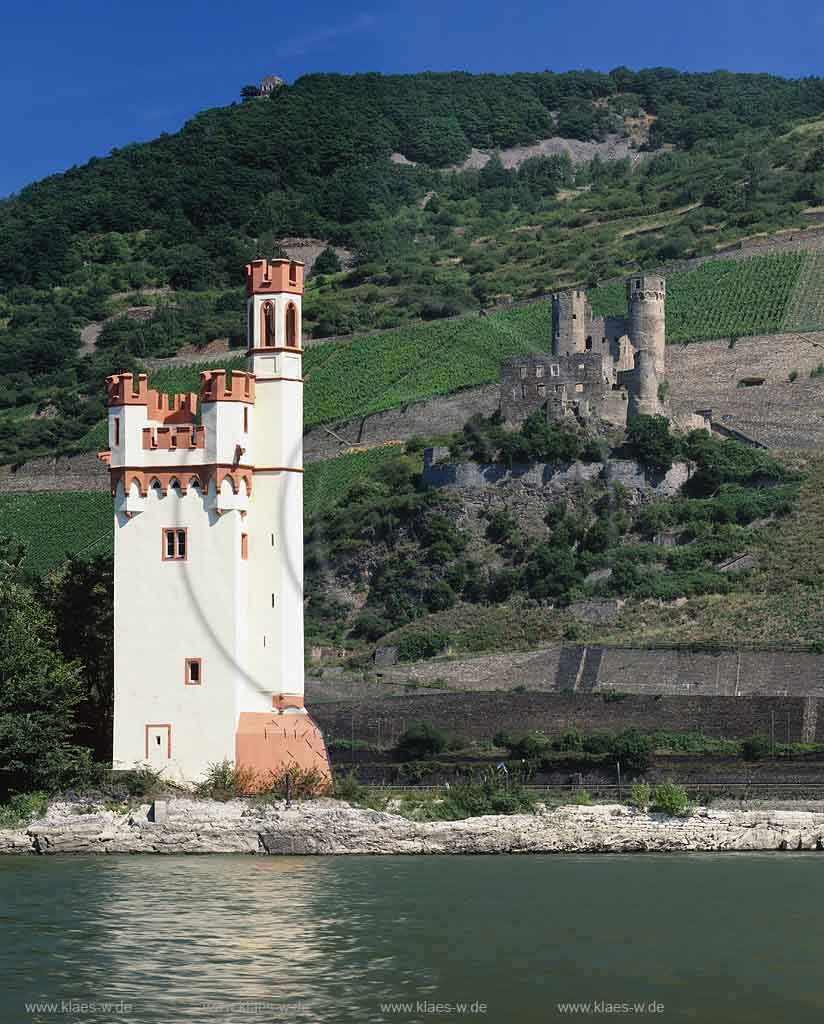 Bingen am Rhein, Landkreis Mainz-Bingen, Mittelrhein, Blick auf Maeuseturm, Museturm in Bingen und Burgruine Ehrenfels in Ruedesheim, Rdesheim 