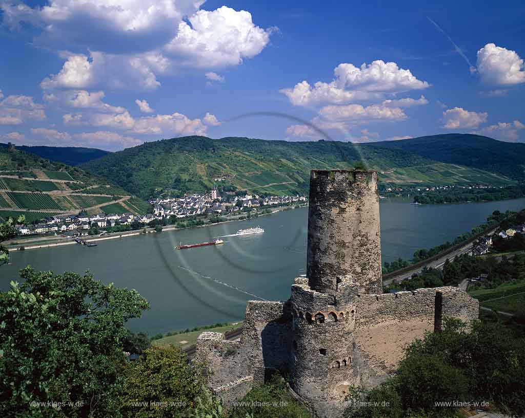 Oberdiebach, Rheindiebach, Landkreis Mainz-Bingen, Mittelrhein, Panoramablick, Blick auf Burg, Burgruine, Hangburg, Frstenberg, Fuerstenberg mit Rhein, Ort und Landschaft