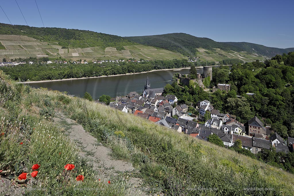 Niederheimbach, Blick auf den Ort mit der Heimburg, auch Burg Hohneck, seltener Burg Hoheneck genannt, und den Rhein;Heimbach, view to town with Rhine and castle Heimburg.