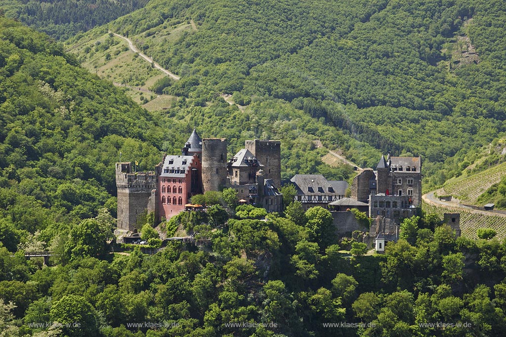 Oberwesel, Blick auf die Schoenburg vom Rheinsteig aus. Die Burg Schnburg am Rhein ist eine Rheinburg aus dem 12. Jahrhundert bei Oberwesel im Rhein-Hunsrck-Kreis in Rheinland-Pfalz;  Oberwesel, view to castle Schoenburg.