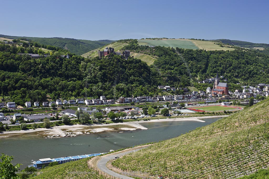 Panoramablick mit Weinberg nach Oberwesel mit Kirche St. Martin, Liebfrauenkirche mit Rhein und Binnenschifffrahrt. Im Hintergrund zu sehen: Kaub, Burg Gutenfels und Grafenstein bei Niedrigwasser; Oberwesel, panorama view witn Oberwesel and church St. Martin, Liebfrauenkirche with Rhine and shipping.