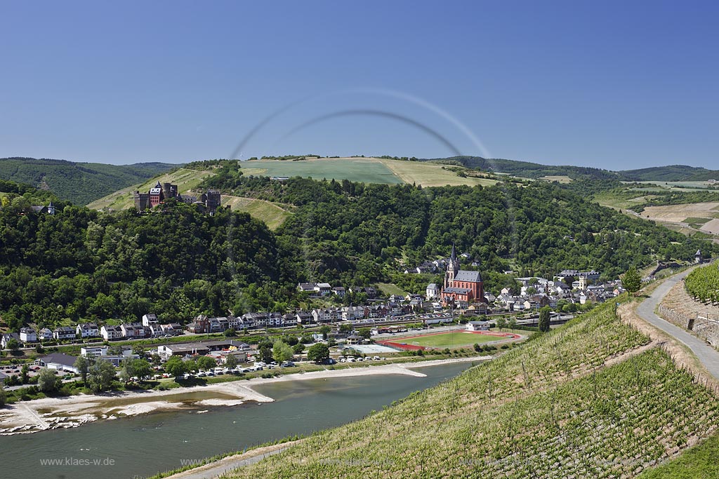 Panoramablick mit Weinberg nach Oberwesel mit Kirche St. Martin, Liebfrauenkirche mit Rhein und Binnenschifffrahrt. Im Hintergrund zu sehen: Kaub, Burg Gutenfels und Grafenstein bei Niedrigwasser; Oberwesel, panorama view witn Oberwesel and church St. Martin, Liebfrauenkirche with Rhine and shipping.