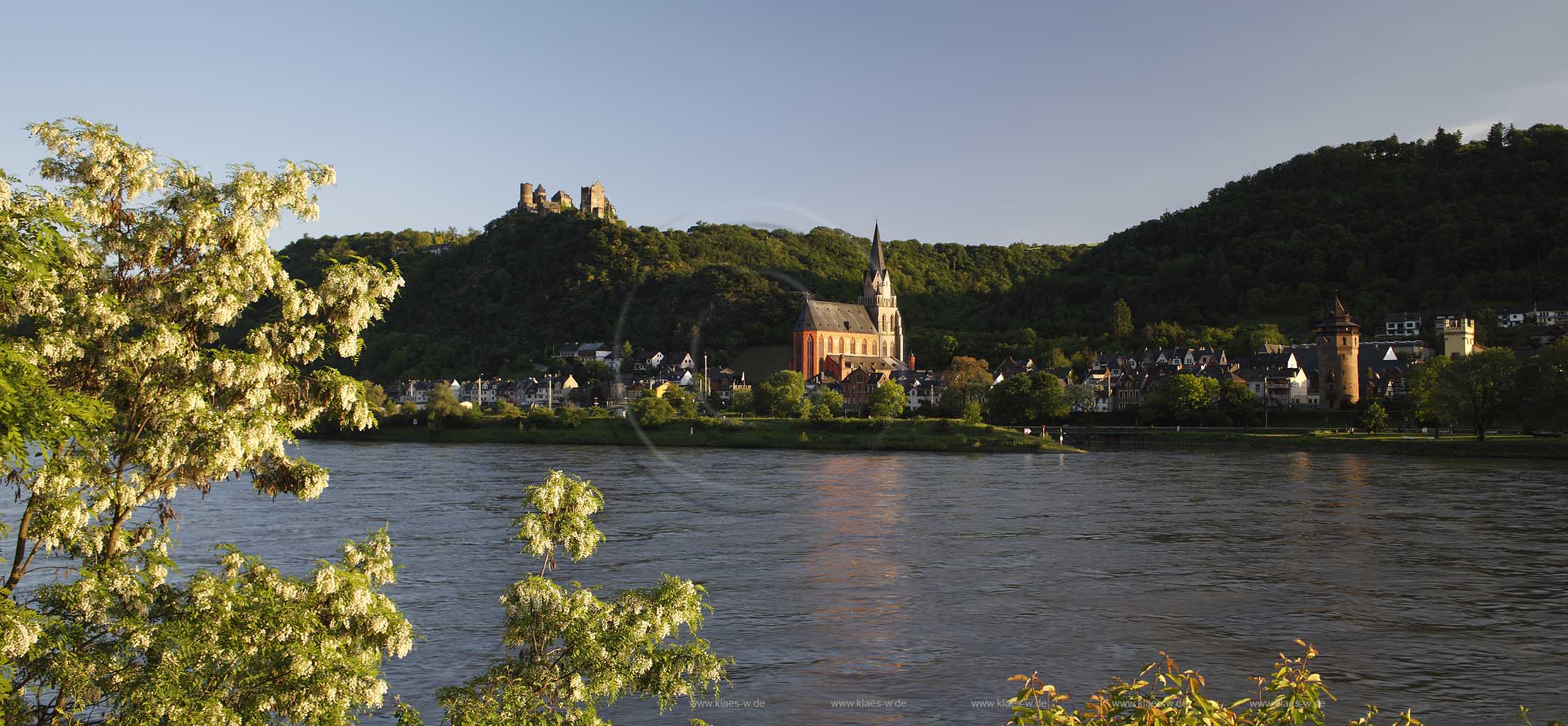 Oberwesel, Panorama Blick ueber den Rhein auf Oberwesel in Abendstimmung mit Liebfrauenkirche und Burg Schoenburg; Panorama view over Rhiene river to Oberwesel in romantic evening ambiance with Liebfrauen church and castle schoenburg