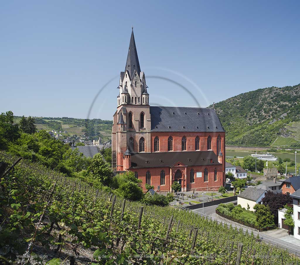 Oberwesel, Blick aus Weinberg zur Liebfrauenkirche, View over vineyard to church Liebfrauen