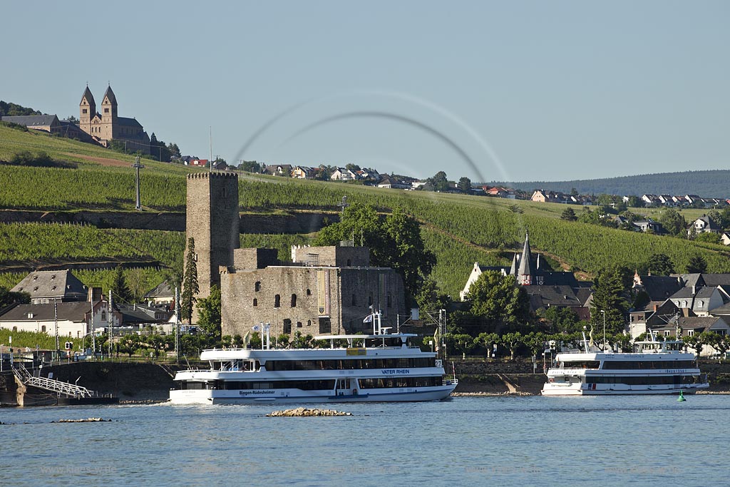 Ruedesheim, Broemserburg und Benediktinerinnenabtei St. Hildegard am Rhein mit Personenschifffahrt; Die Brmserburg (auch Niederburg genannt) liegt in Rdesheim am Rhein im Rheingau-Taunus-Kreis in Hessen in der Nhe des Rheinufers. Sie gehrt in ihren Ursprngen wohl zu den ersten festen Burgen im UNESCO-Welterbe Oberes Mittelrheintal; Die Abtei steht kirchenrechtlich in der Nachfolge des 750 Meter sdlich innerhalb des Ortes gelegenen[1] und 1165 von der heiligen Hildegard von Bingen gegrndeten Klster Rupertsberg und Eibingen. Das Kloster Eibingen wurde im Zuge der Skularisation 1803 aufgehoben; Ruedeshei, Broemserburg and abbey St. Hildegard on Rhine.