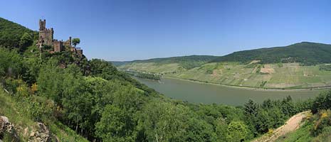 Niederheimbach Extreme Panorama Blick auf Burg Sooneck und den Rhein mit der Ortschaft Lorch am Rhein im Hintergrund; Most impressive panorma view to castle Sooneck and Rhine River and the village Loch at rhine in the background