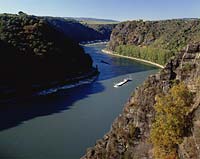 Loreley, Sankt Goarshausen, Mittelrhein, Rhein, Schieferfelsen, Blick auf Rhein und Landschaft mit Schiffen von der Loreley aus  