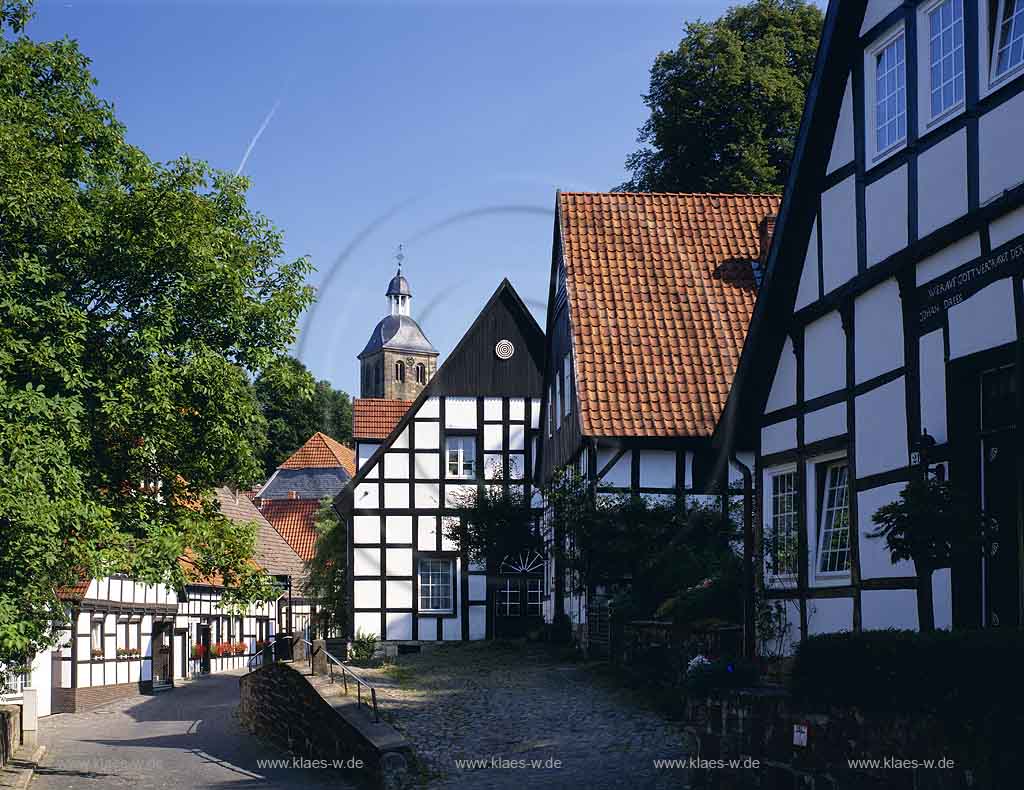 Tecklenburg, Kreis Steinfurt, Mnster, Muenster, Mnsterland, Muensterland, Blick auf Ortskern mit Fachwerkhusern, Fachwerkhaeusern