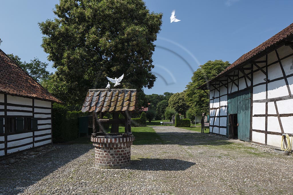 Grefrath, Niederrheinisches Freilichtmuseum, "Hofanlage Rasseln", turtelndes Taubenpaerchen auf Dach des Ziehbrunnens; Grefrath, museum Niederrheinisches Freilichtmuseum, yard "Hofanlage Rasseln".