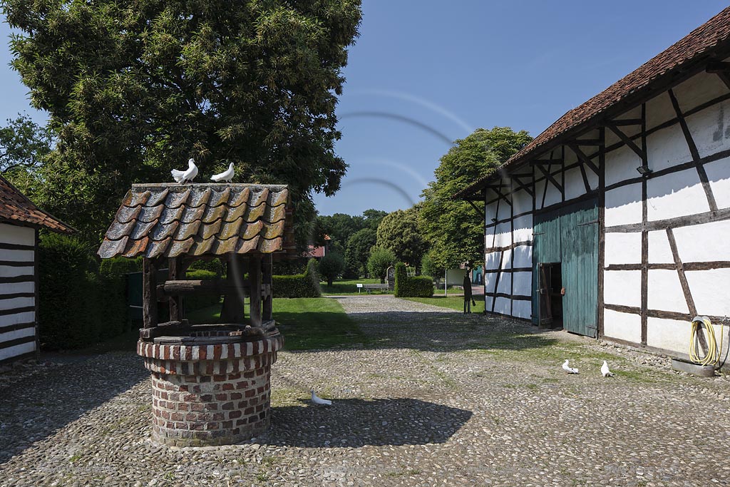 Grefrath, Niederrheinisches Freilichtmuseum, "Hofanlage Rasseln", turtelndes Taubenpaerchen auf Dach des Ziehbrunnens; Grefrath, museum Niederrheinisches Freilichtmuseum, yard "Hofanlage Rasseln".