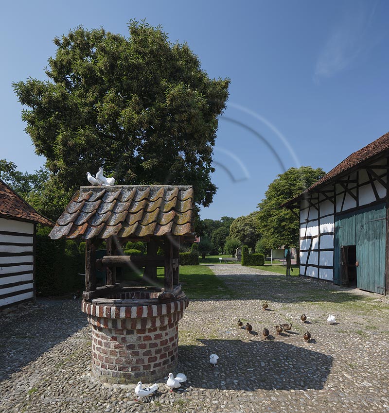 Grefrath, Niederrheinisches Freilichtmuseum, "Hofanlage Rasseln", turtelndes Taubenpaerchen auf Dach des Ziehbrunnens; Grefrath, museum Niederrheinisches Freilichtmuseum, yard "Hofanlage Rasseln".