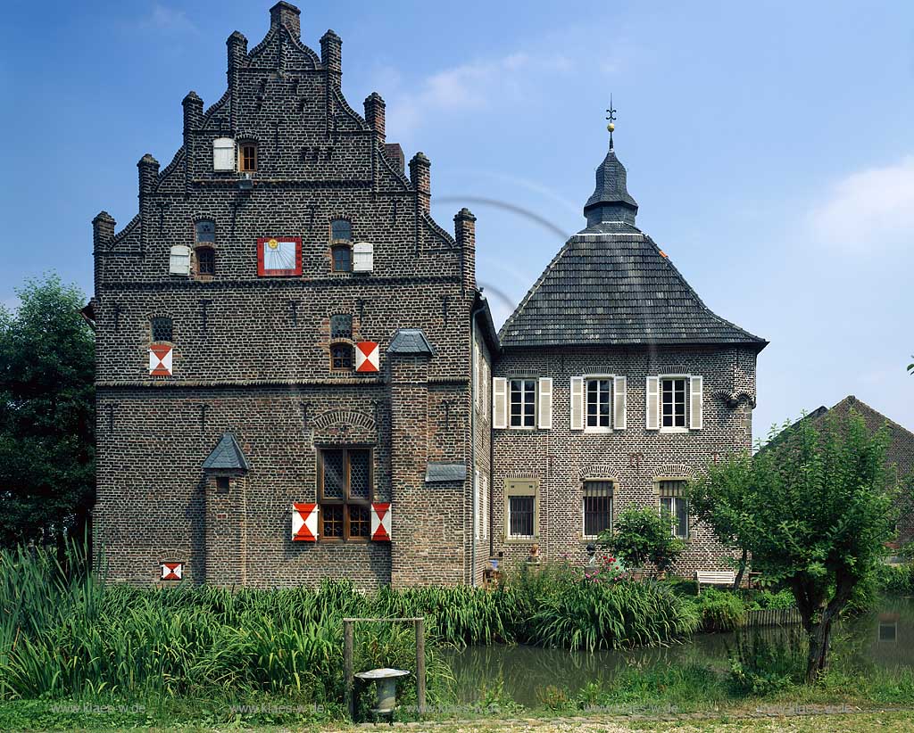 Klixdorf, Kempen, Kreis Viersen, Niederrhein, Regierungsbezirk Dsseldorf, Blick auf Burg Steinfuder mit Burgteich    