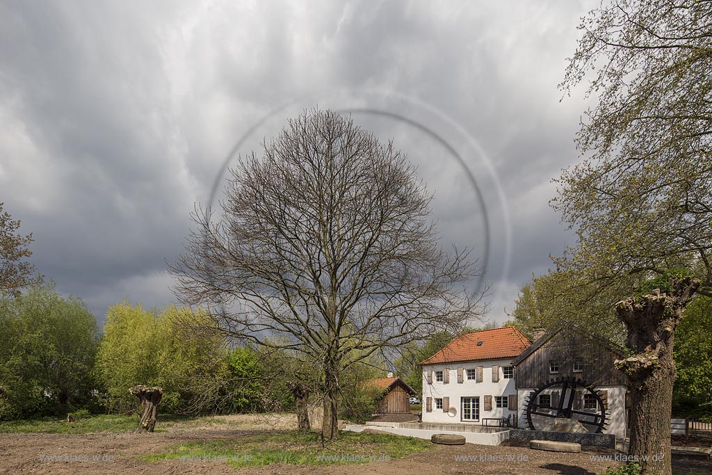 Moers, die umgebaute und restaurierte Aumuehle, auch Obere Wassermuehle im Fruehling mit Wolkenstimmung; Moers mill Aumuehle in springtime with atmospheric clouds.