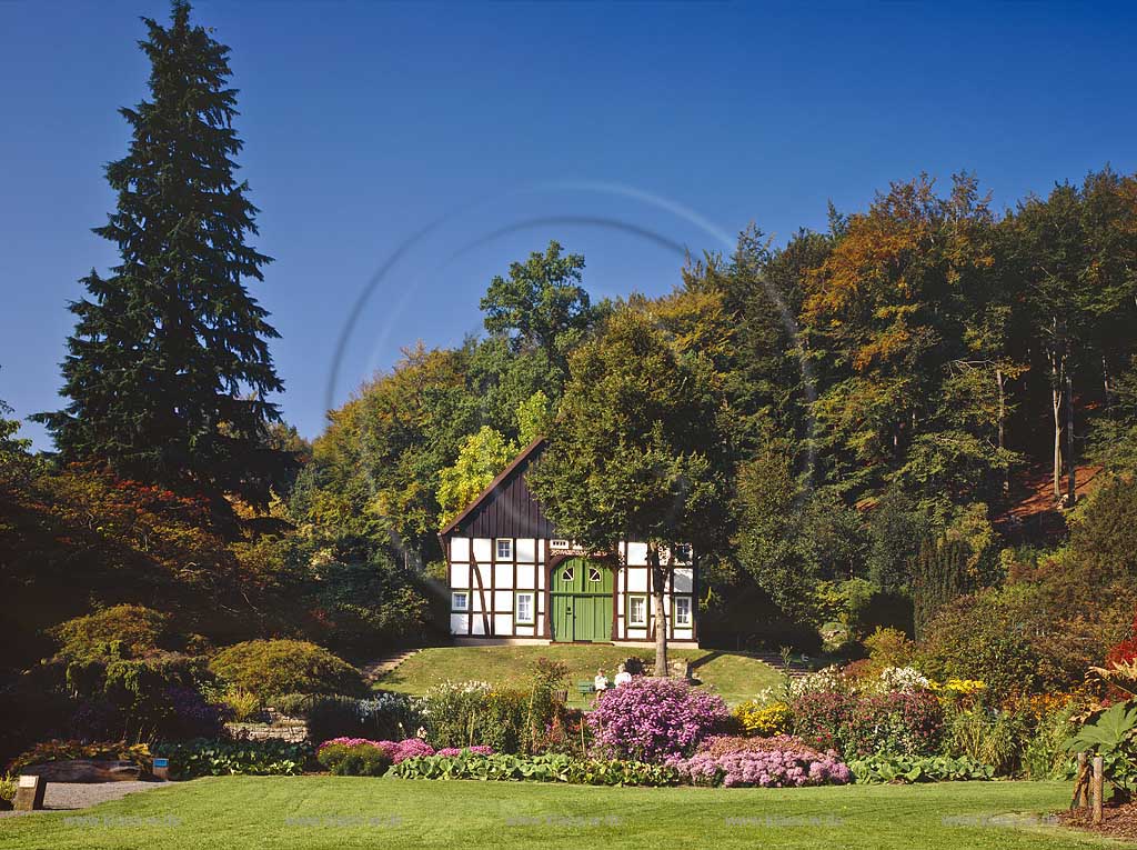 Bielefeld, Landschaftsverband Westfalen-Lippe, Regierungsbezirk Detmold, Ostwestfalen, Blick auf Botanischen Garten mit Fachwerkhaus und Besuchern in Sommerstimmung