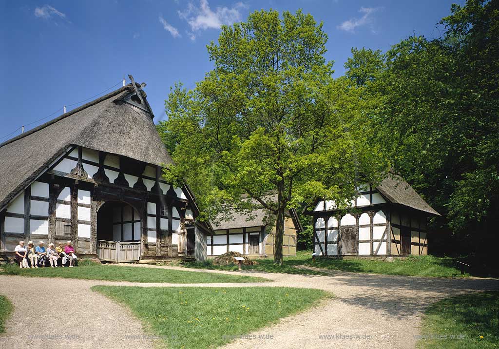 Detmold, Kreis Lippe, Regierungsbezirk Detmold, Ostwestfalen, Blick auf Westflisches, Westfaelisches Freilichtmuseum mit Historischen Haeusern, Husern und Besuchern in Sommerstimmung